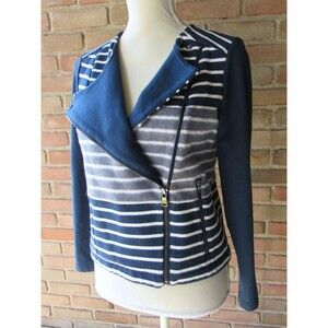 Lou & Grey Womens XS Zip Blazer Cotton Blue and Gray Stripes Workwear Careerwear